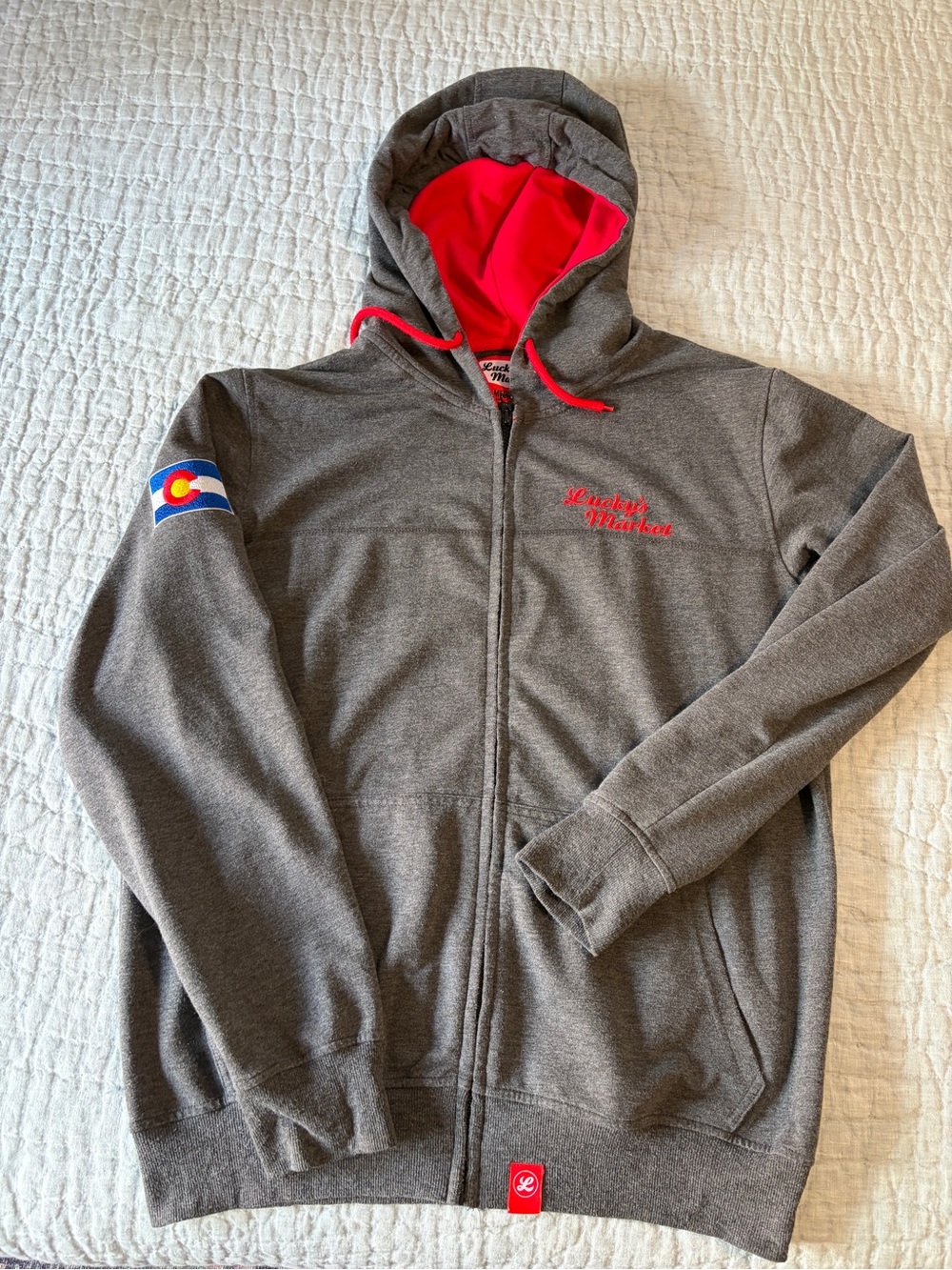 Lucky’s Market Gray and Red Full-Zip Hoodie